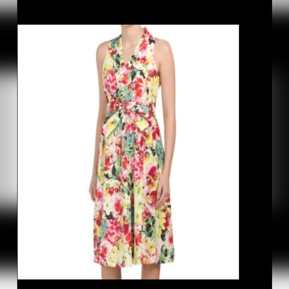 LONDON TIMES HALTER WRAP FLORAL SLEEVE FIT & FLARE BODICE MIDI DRESS SIZ…